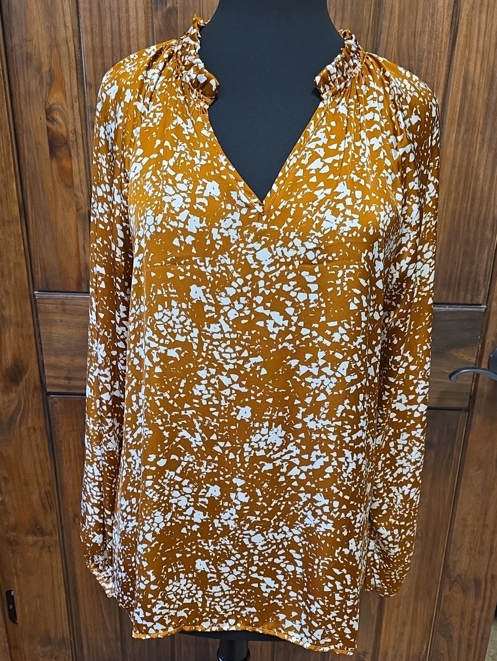 First Love Copper And White Printed V-Neck Women's Top - Size L